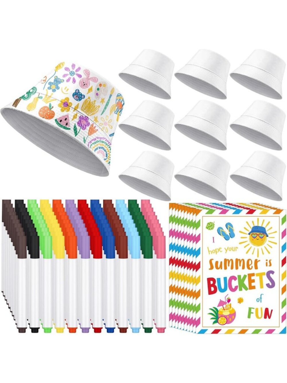 DIY White Bucket Hats for Kids - 10 Sets with 12 Color Markers & Summer Cards